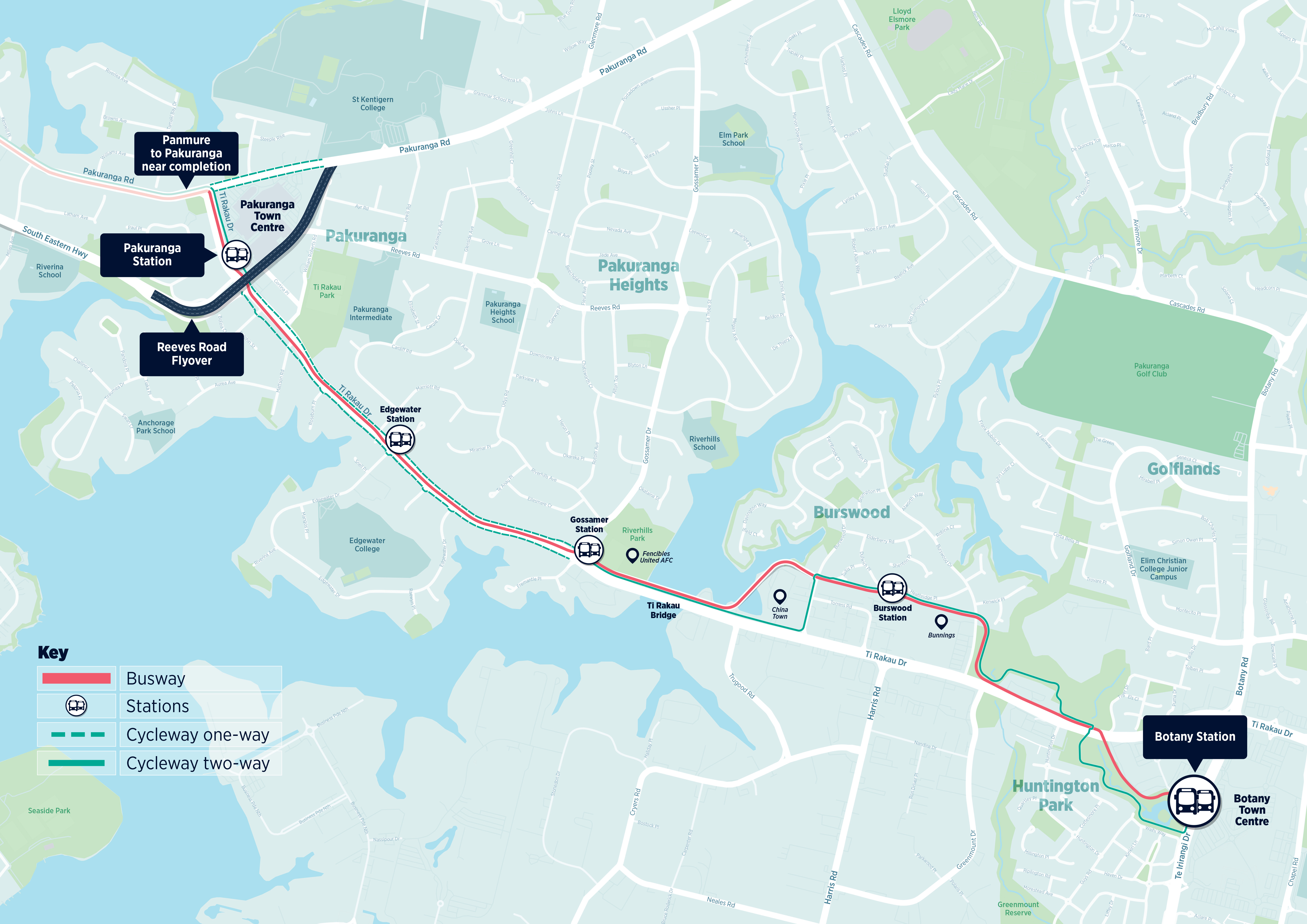 Proposed route of the busway from Pakuranga to Botany