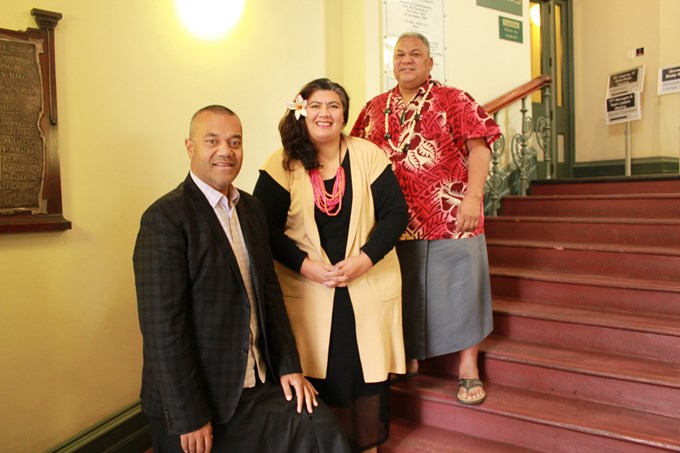 Auckland Councils three Samoan Councillors on steps leading up to Council chambers in Town Hall