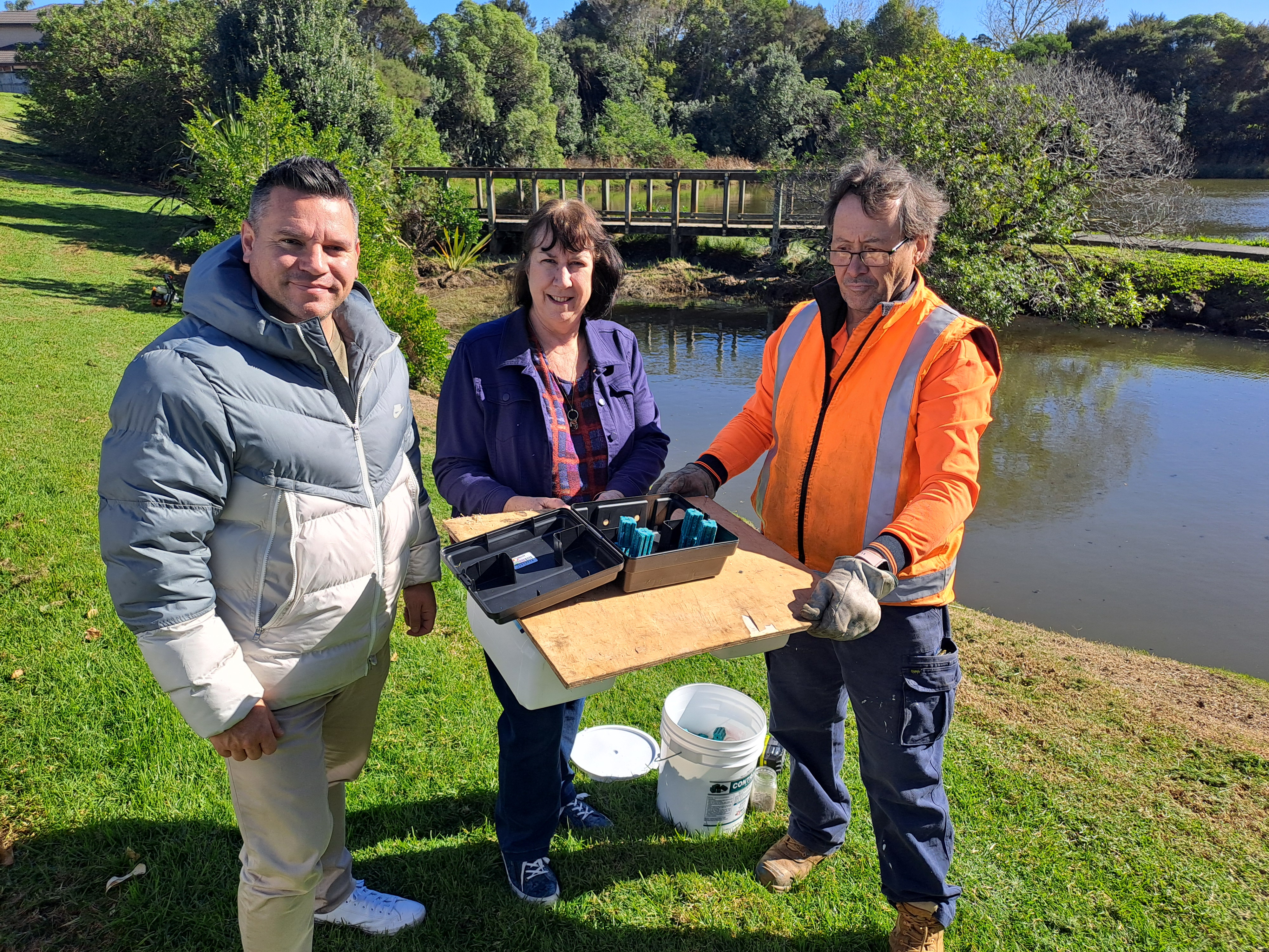 Manurewa Local Board chair Matt Winiata and member Heather Andrews met with Wattle Downs resident Row Robinson to see his rat navy up close.