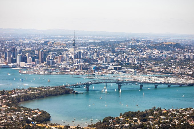 Aerial View Of Auckland City Featuring Ocean And Harbour Bridge 1