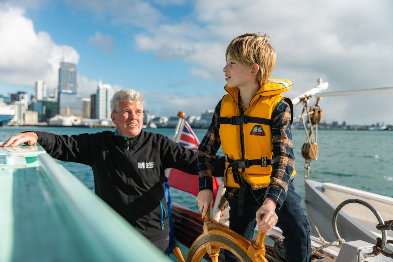If you go for a cruise on New Zealand Maritime Museum’s historic ketch-rigged scow Ted Ashby you might even get to have a go at steering the boat.