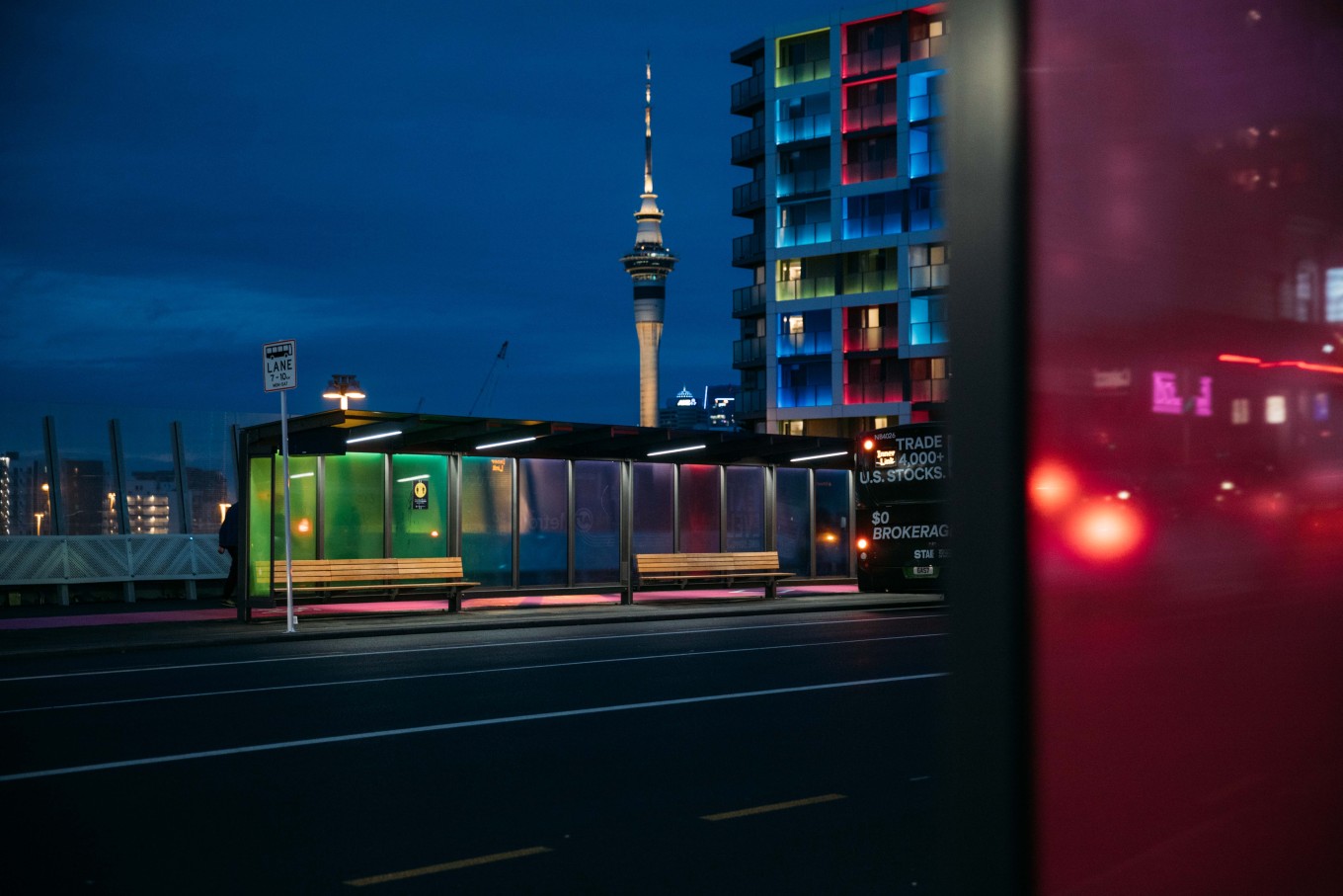A bus stop on Krd with colourful tiles.