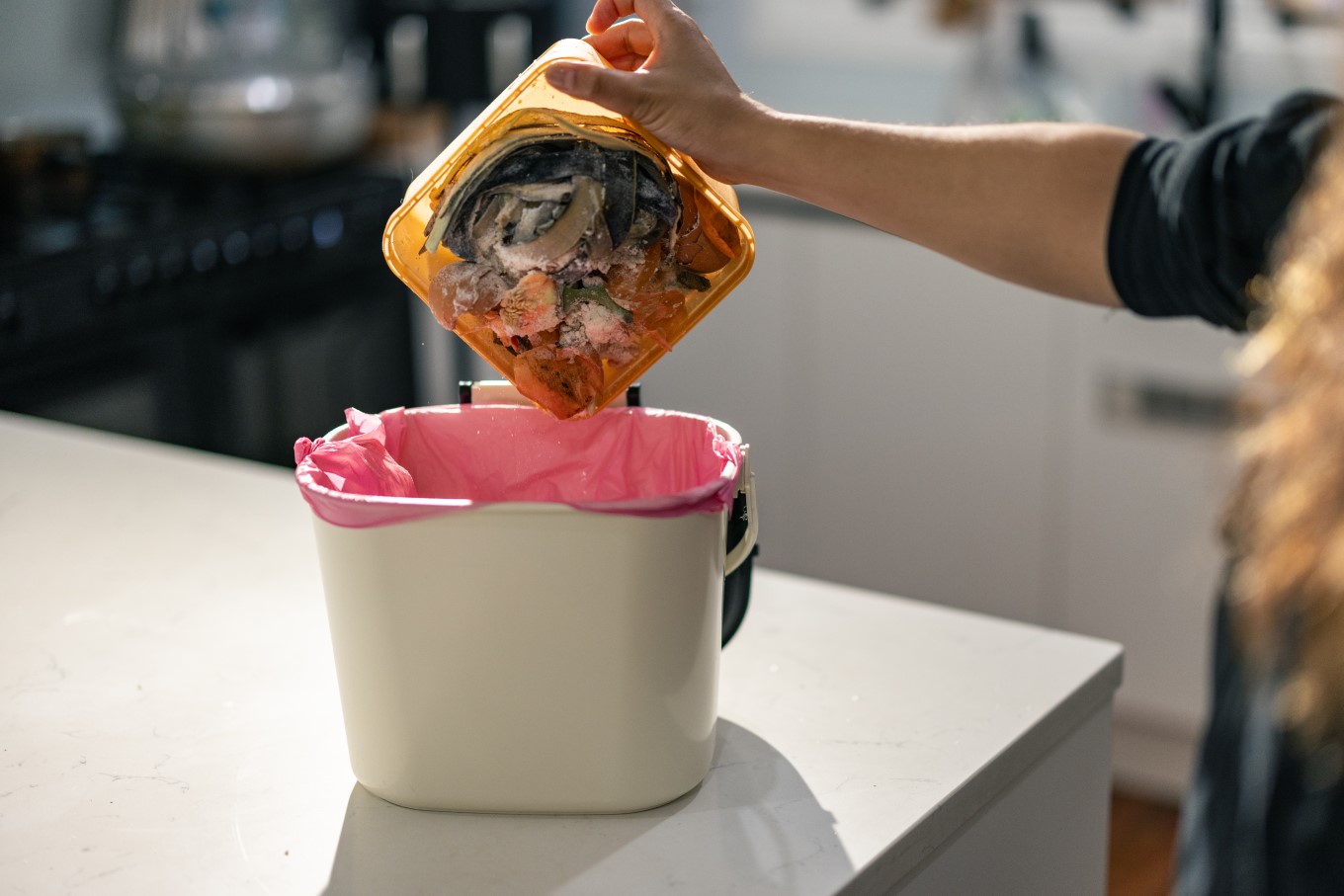 If you don’t want to smell your food scraps, freeze them in a smaller container. This is a handy hack to avoid meat scraps sitting in the benchtop caddy all week.