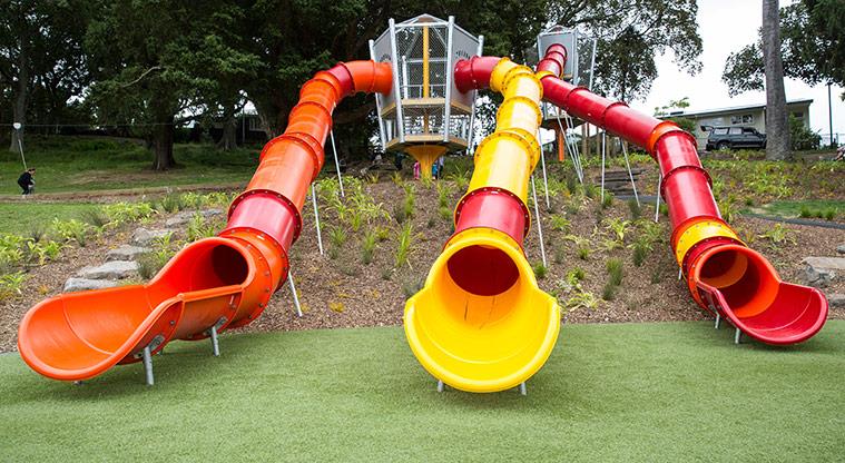 Picture of 3 bright coloured slides at Western Park, Freemans Bay