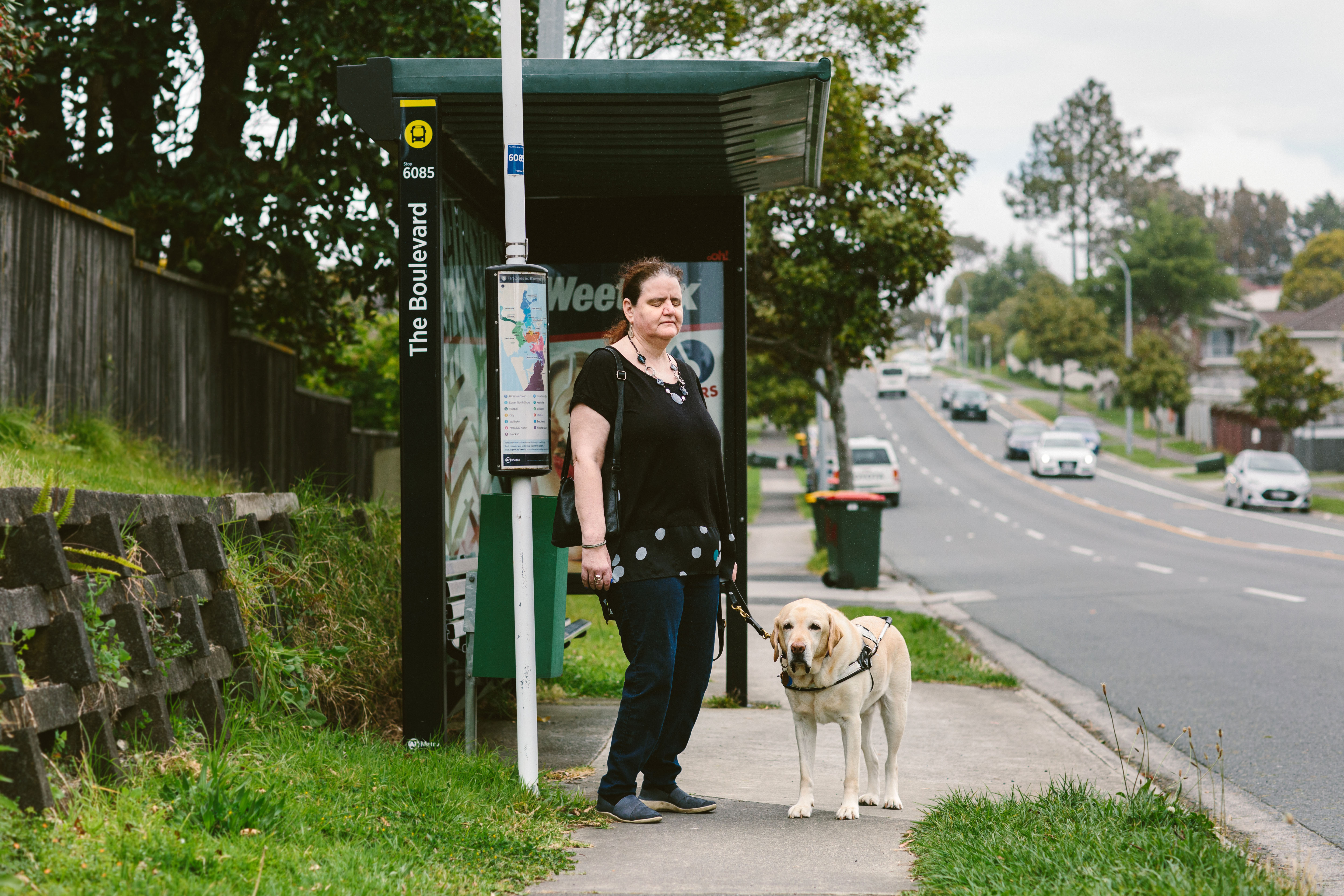 Martine and her guide dog, Greg.