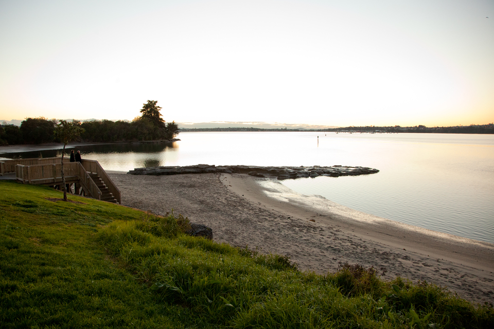 A local beach area at sunset. 
