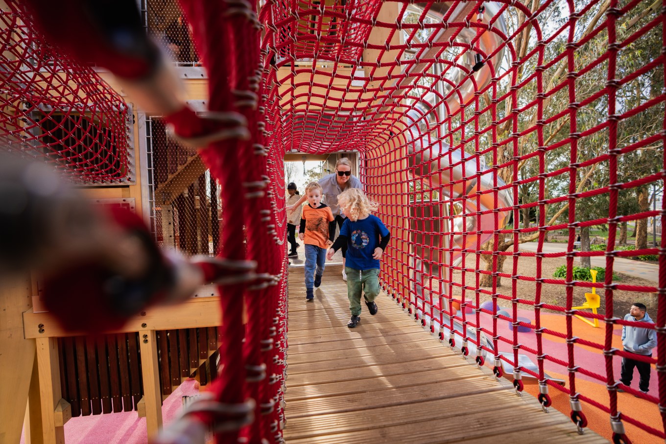 Hayman Park playground in Manukau has fun tunnels to run through in its massive tower.