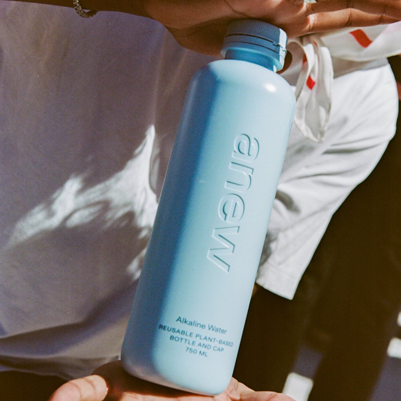 A blue reusable water bottle. 
