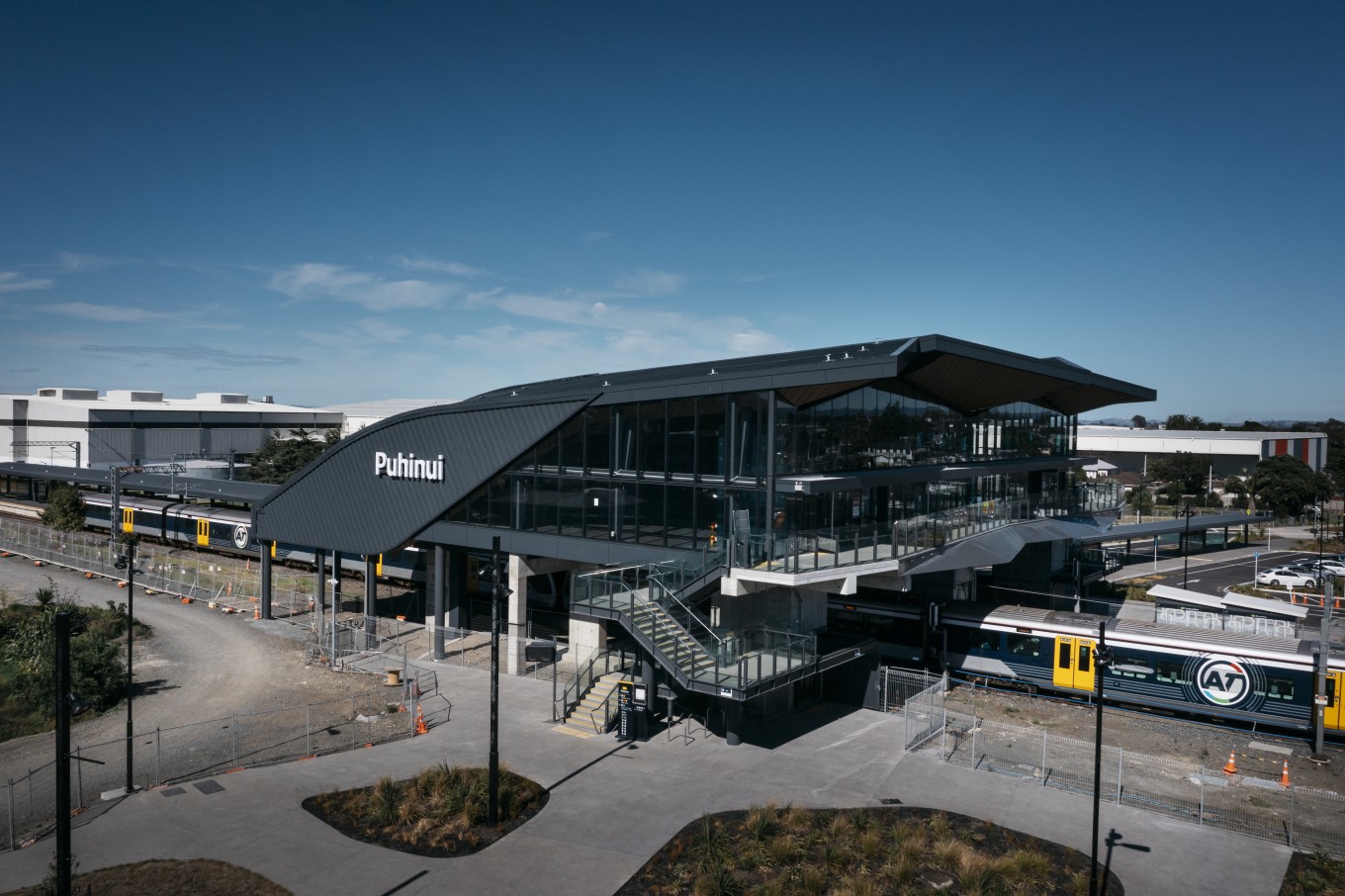 Aerial shot of Puhinui station. 