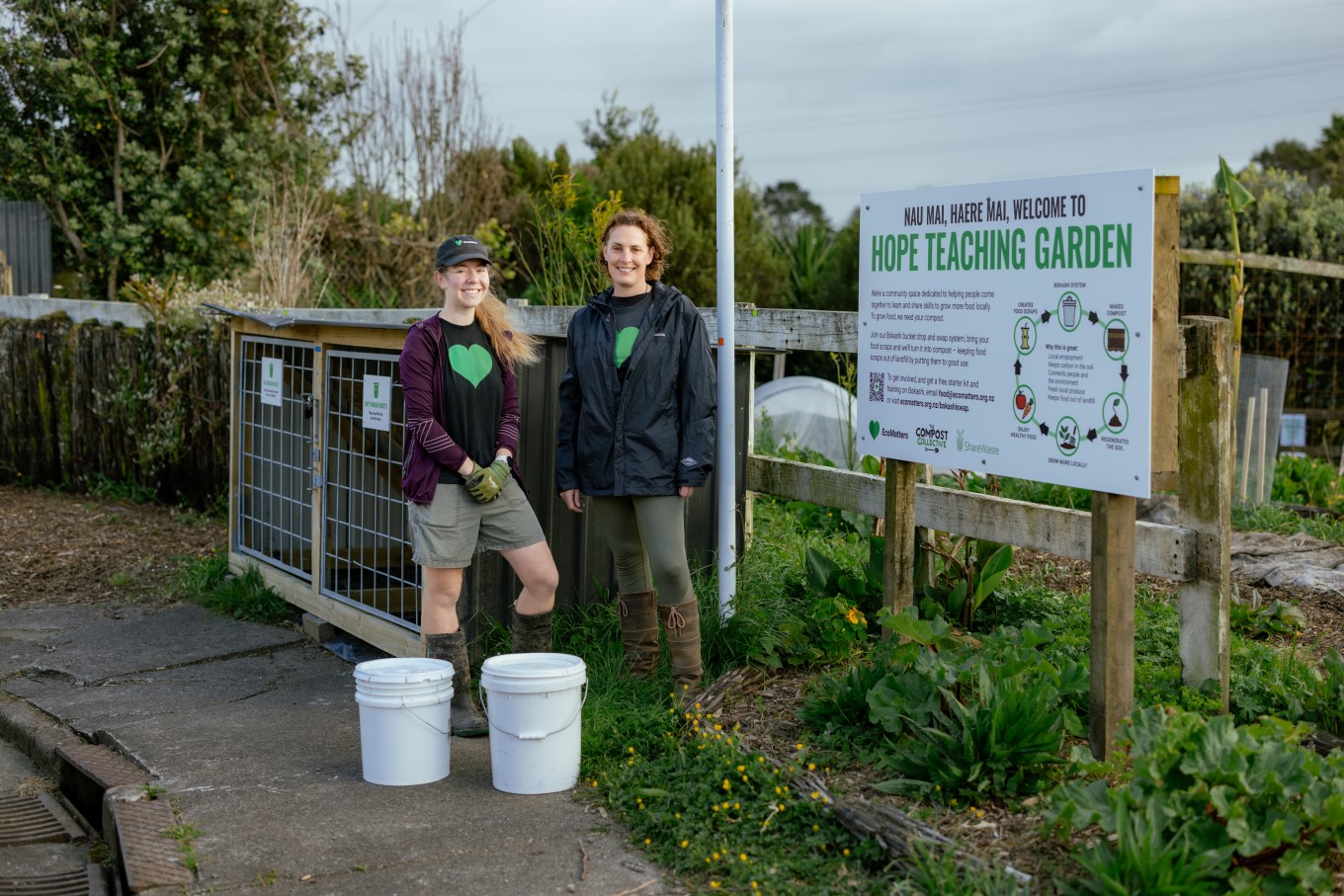 As an alternative to food scraps collection, Amanda Hookham-Kraft (right) and Emily Smith from Hope Teaching Garden in New Lynn run a bokashi swap and drop service where local schools, businesses and residents can donate their fermented food scraps to the community garden.