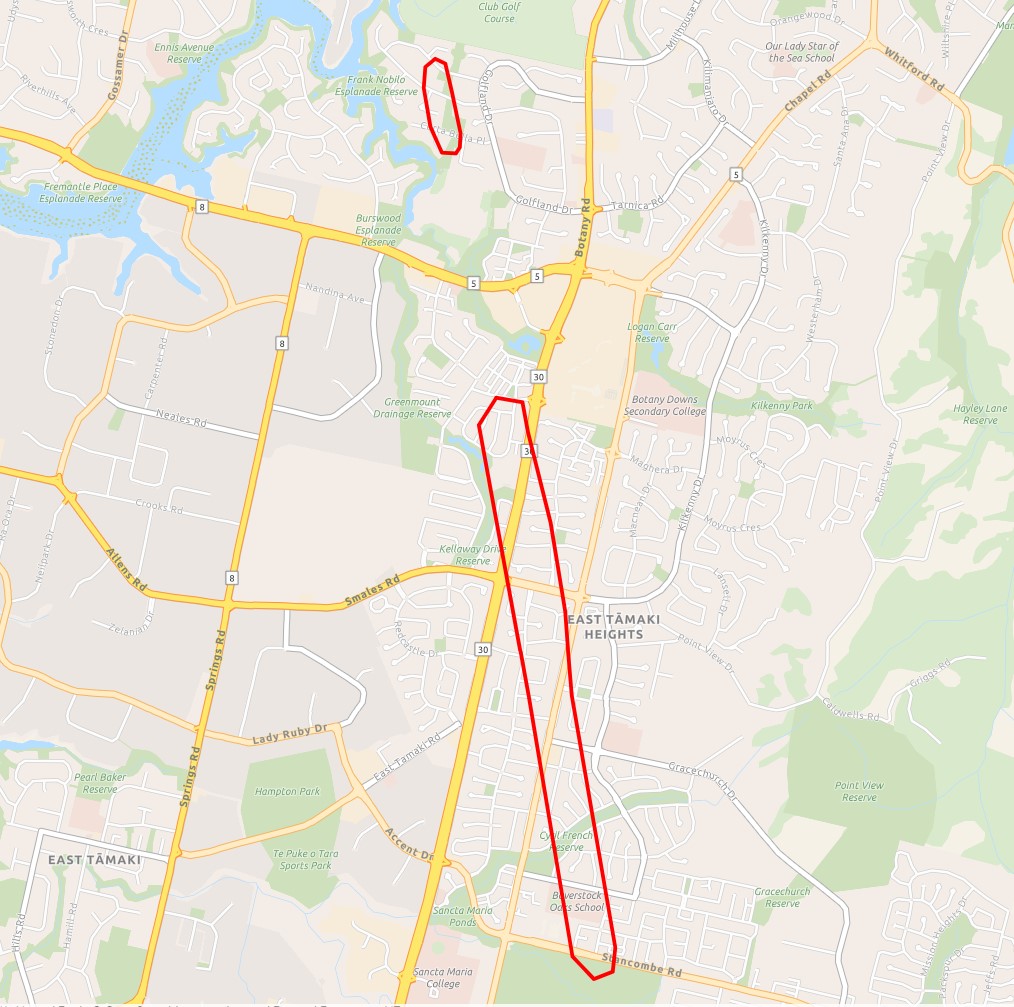 Map broadly showing the areas of east Auckland affected by Sunday night's tornado