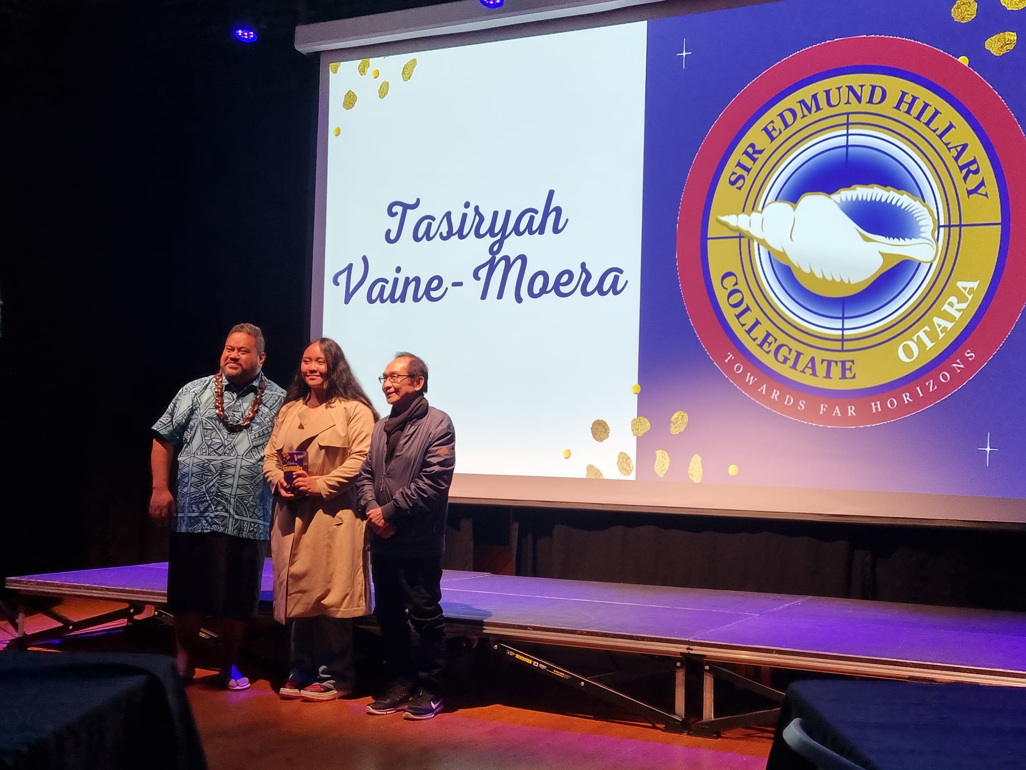 Chair Apulu Reece Autagavaia, local board member Albert Lim with  awardee Tasiryah Vaine-Moera from Sir Edmund Hillary Collegiate.