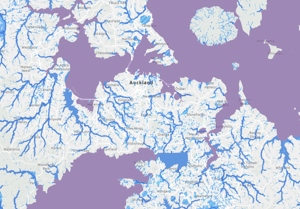 A high level view of the Auckland flood map where you can search addresses to find out if they are in a flood risk area