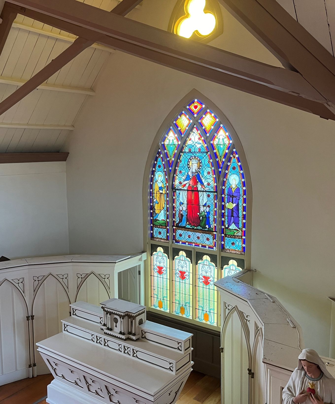 Restored stained glass window in St Mary's Old Convent Chapel.