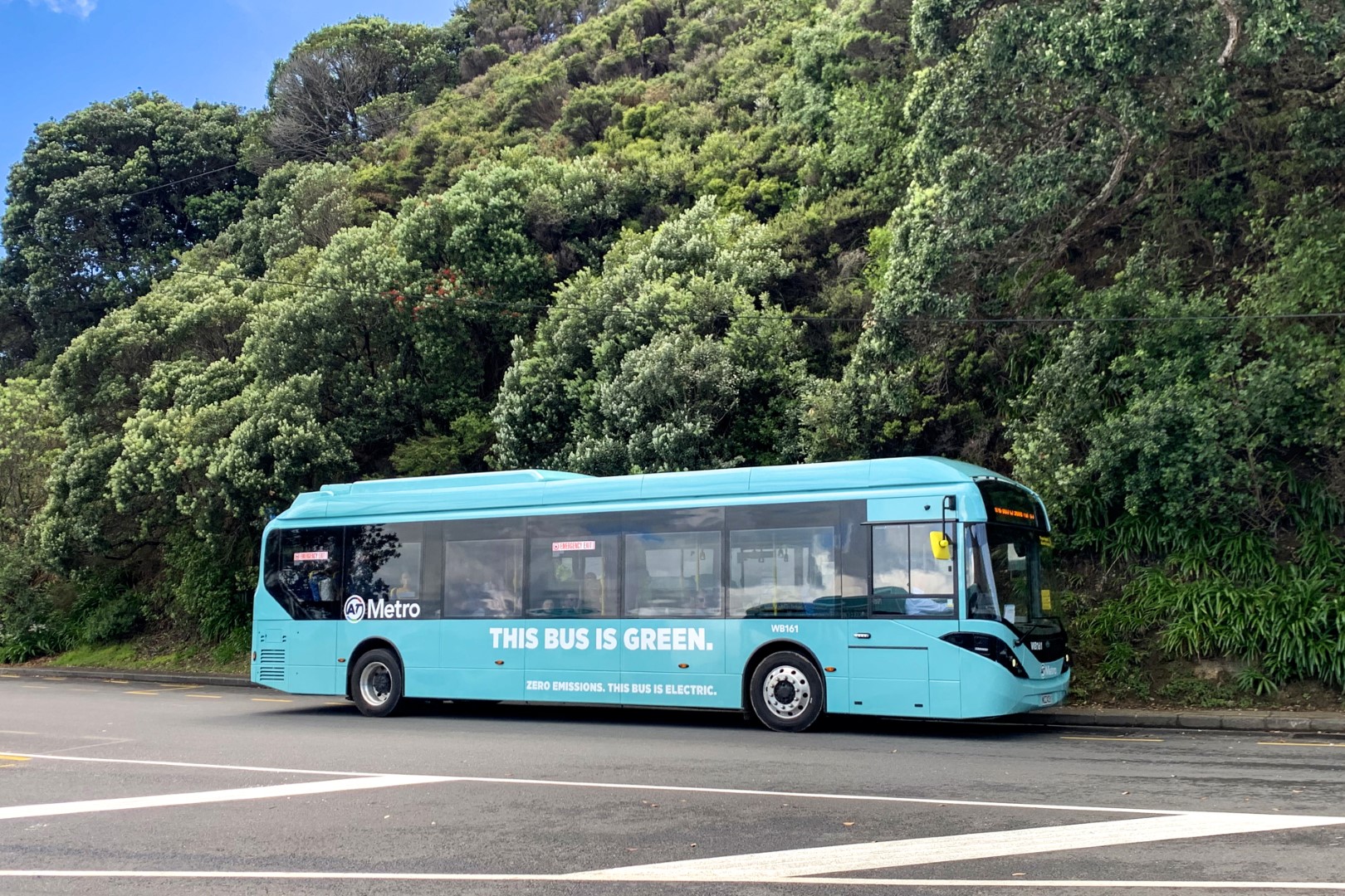 An electric bus on Waiheke Island on a road in front of the ngahere