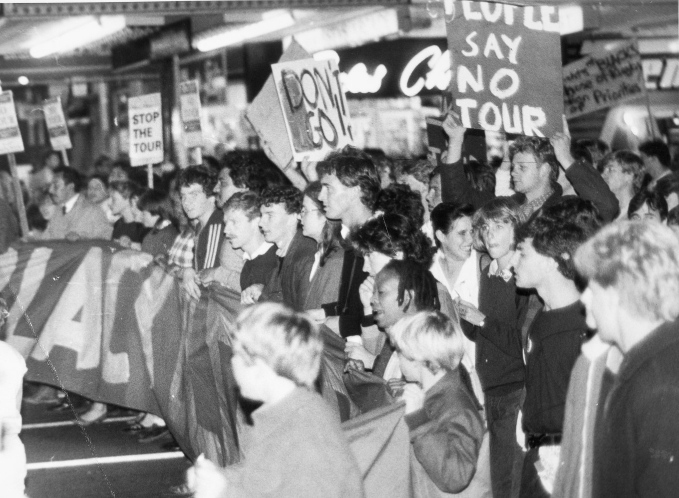 Aucklanders protest in Queen Street in 1985 against the All Black tour of South Africa.