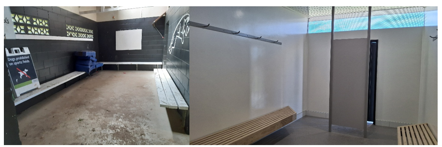 Ti Rakau changing rooms before and after the restoration. 