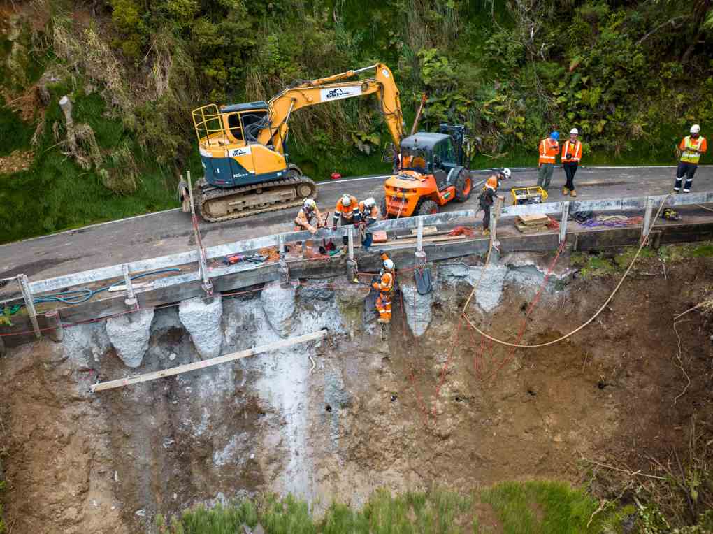 Recovery work on a landslip affected road