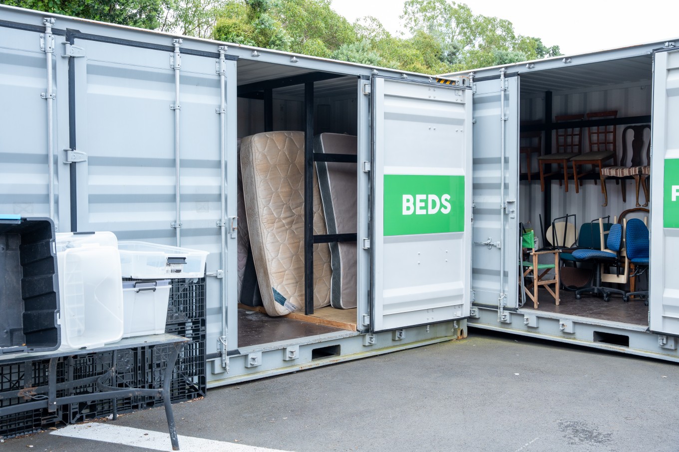 Beds being stored at a local community recycling centre.