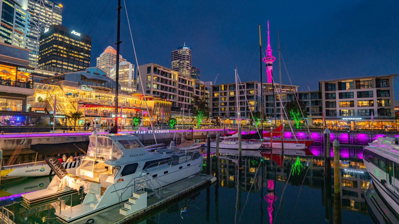 Auckland Viaduct Harbour at nighttime.
