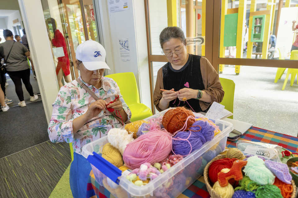 Two older women knitting at a community centre.