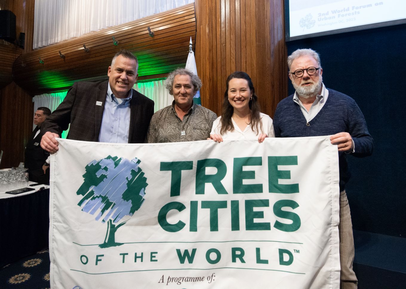 (L-R) Dan Lambe, CEO Arbor Day Foundation, Howell Davies, Auckland Council’s Principal Specialist – Urban Ngahere, Alana Tucker from the Tree Equity Alliance, Simone Borelli, from the foresty division of the Food and Agriculture Organization of the United Nations.