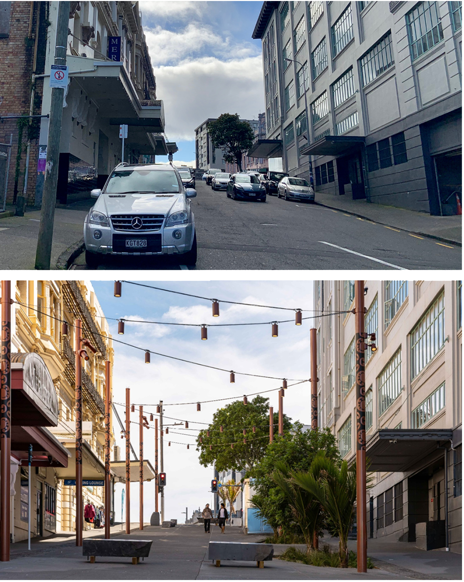 A comparison image of Mercury Lane, entrance to Karanga-a-Hape Station 2019 vs 2026.