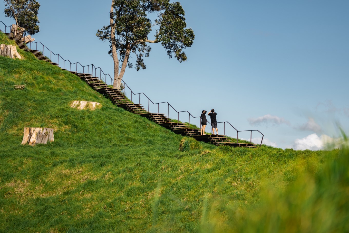 A new staircase leads to the summit of Te Pane o Mataoho / Te Ara Pueru / Māngere Mountain.