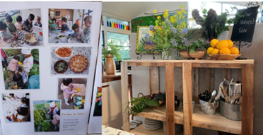 Pakuranga Faith Baptist Kindergarten. L: tamariki harvesting vegetables from their garden to make kai. R: trolley made from rescued ‘waste’ materials, this is used for their Garden to Table ‘Harvest Table’ and equipment.