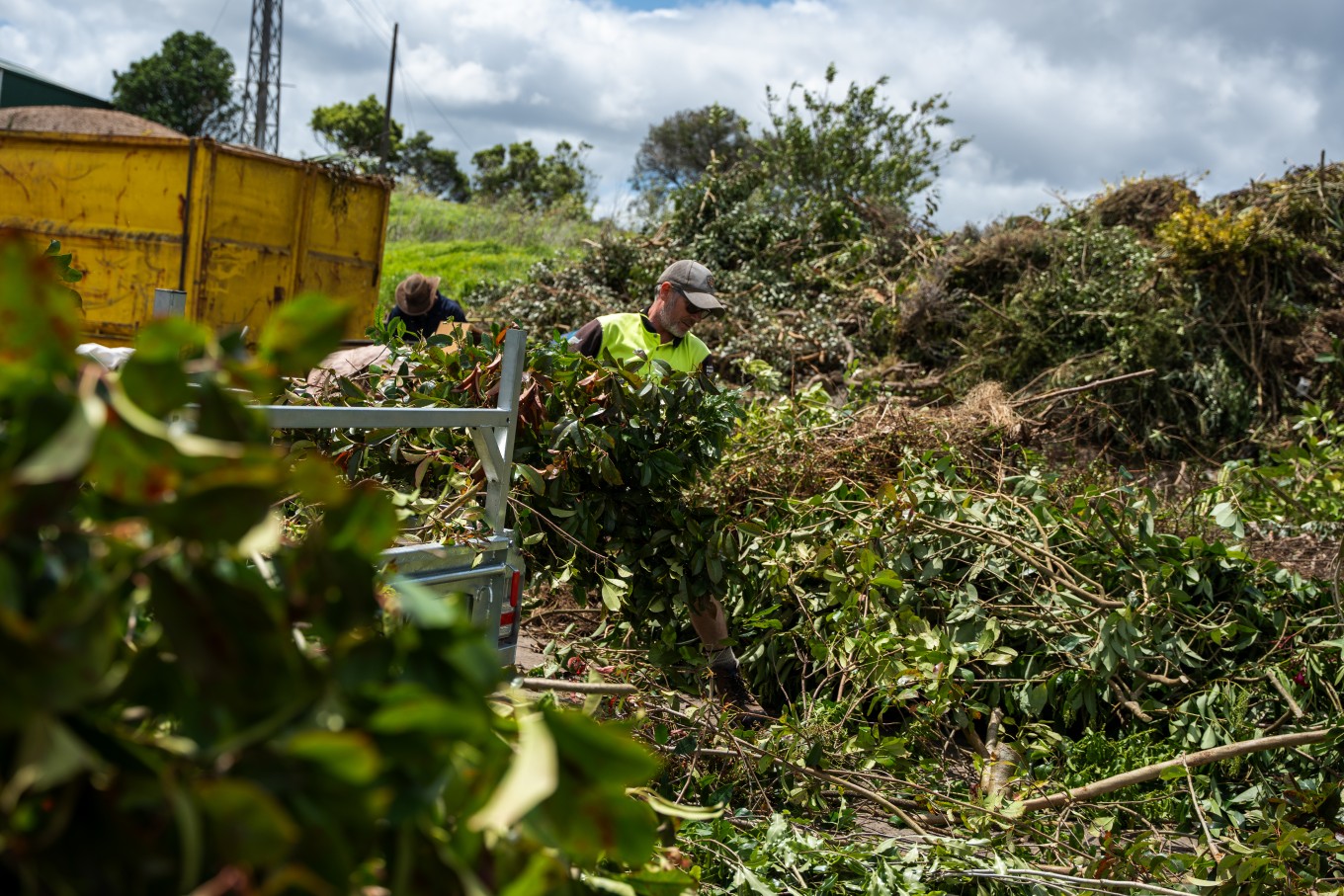 Workers organising a pile of green waste. 