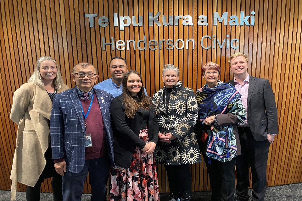 Henderson-Massey Local Board members (L-R) Ingrid Papau, Peter Chan, Will Flavell, Brooke Loader, Vanessa Neeson (Chair), Brenda Brady, and Waitākere Ward Councillor Shane Henderson.