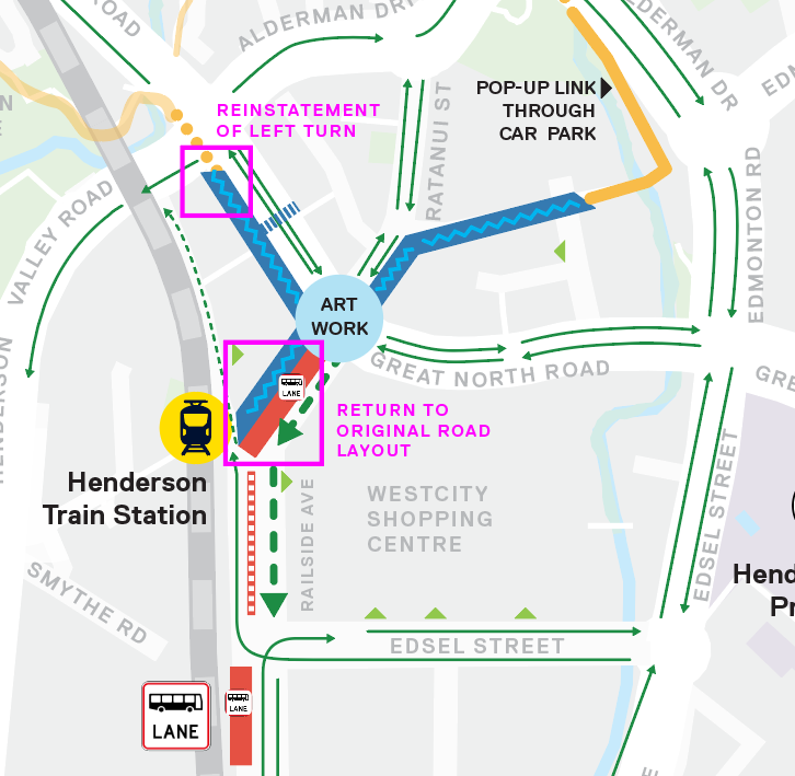 The trial will be adapted to reinstate the original road layout along Railside Avenue, and the left turn lane from Great North Road onto Henderson Valley Road.