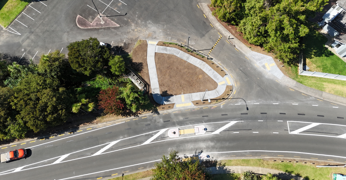 Bird's eye view of newly constructed pedestrian refuge at Reynolds Road