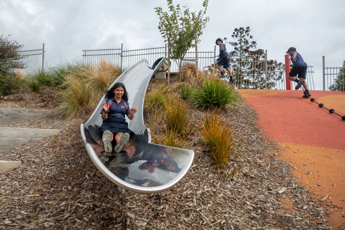 Northcote Intermediate Students In Te Ara Awataha Greenway Slide