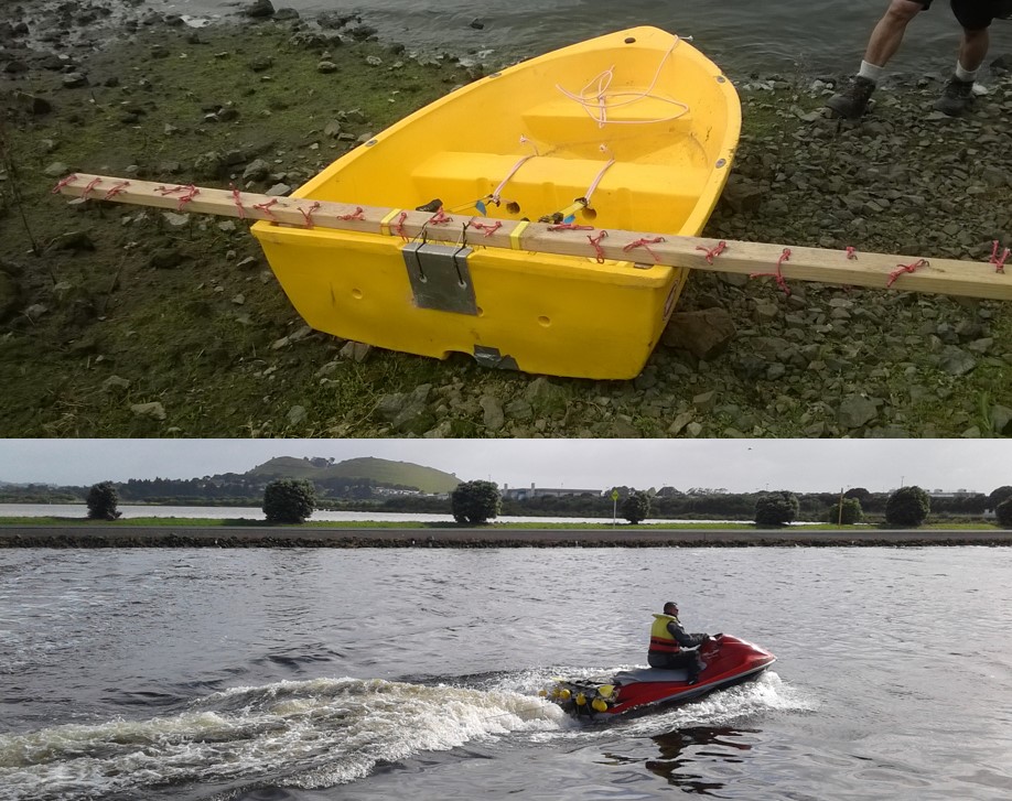 Chains are dragged behind a jetski, killing larvae on impact and burying others in the sediment temporarily stirred up.