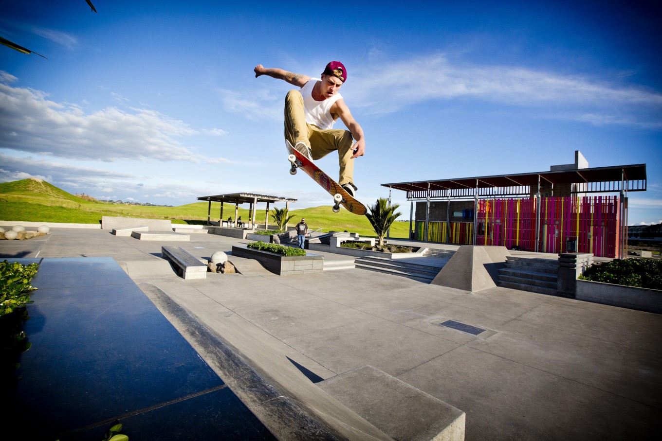Close up of man skateboarding at Barry Curtis Skatepark in Auckland