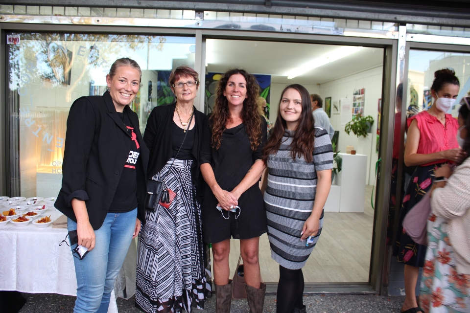 Photo L-R: Henderson-Massey Local Board Members Ingrid Papau and Deputy Chair Brenda Brady, Kākano Director Mandy Patmore and Henderson Massey Local Board Member Brooke Loader. Photo credit: Kākano Youth Arts Collective