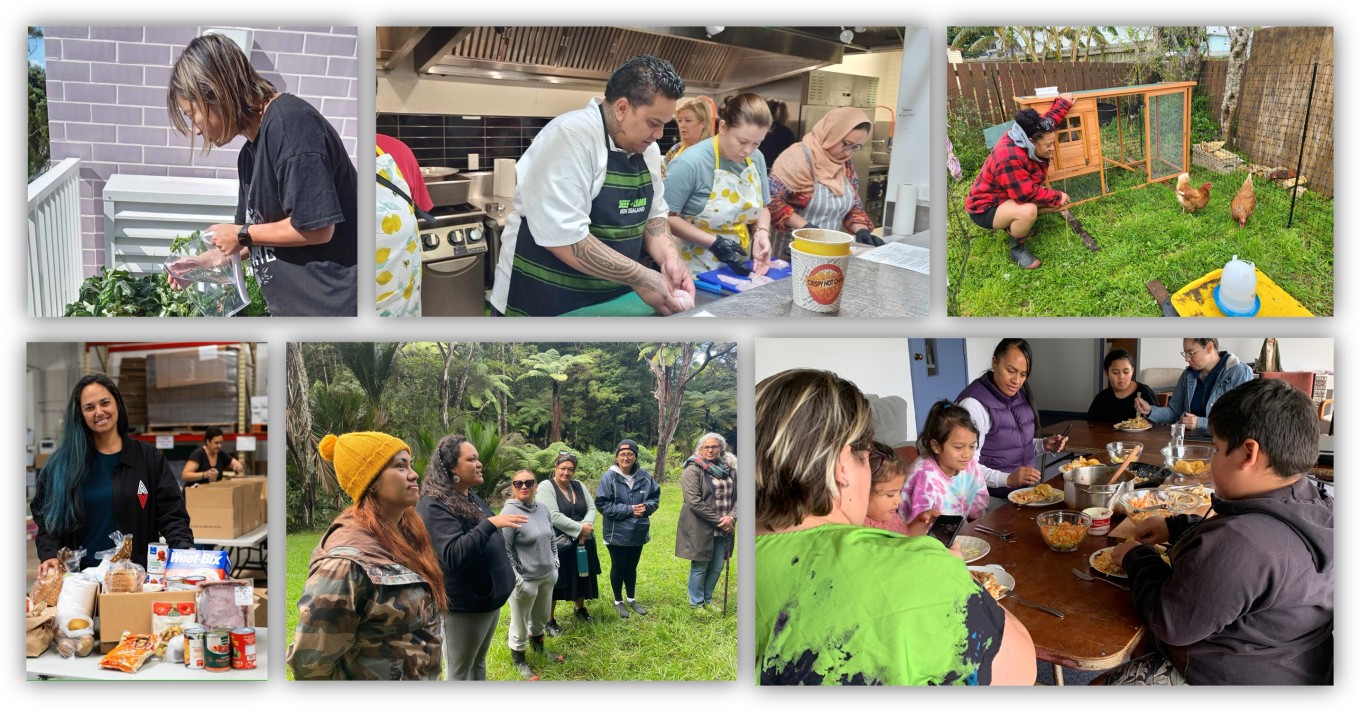 A collection of photos with people using a chicken coop. 