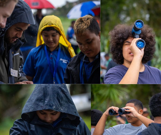 Children using binoculars to look around