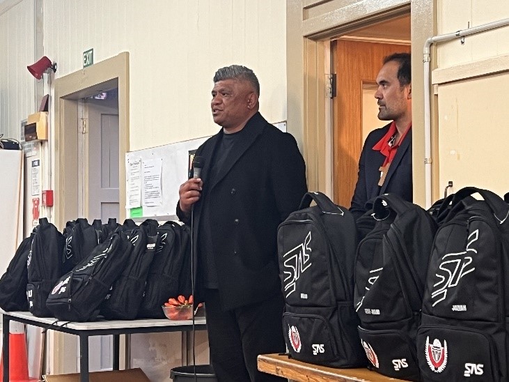 Luke Mealamu, Chairman of the Papatoetoe Rugby Club (centre), with Club Manager Onosai Auva'a (right) at the team blessing on Monday.