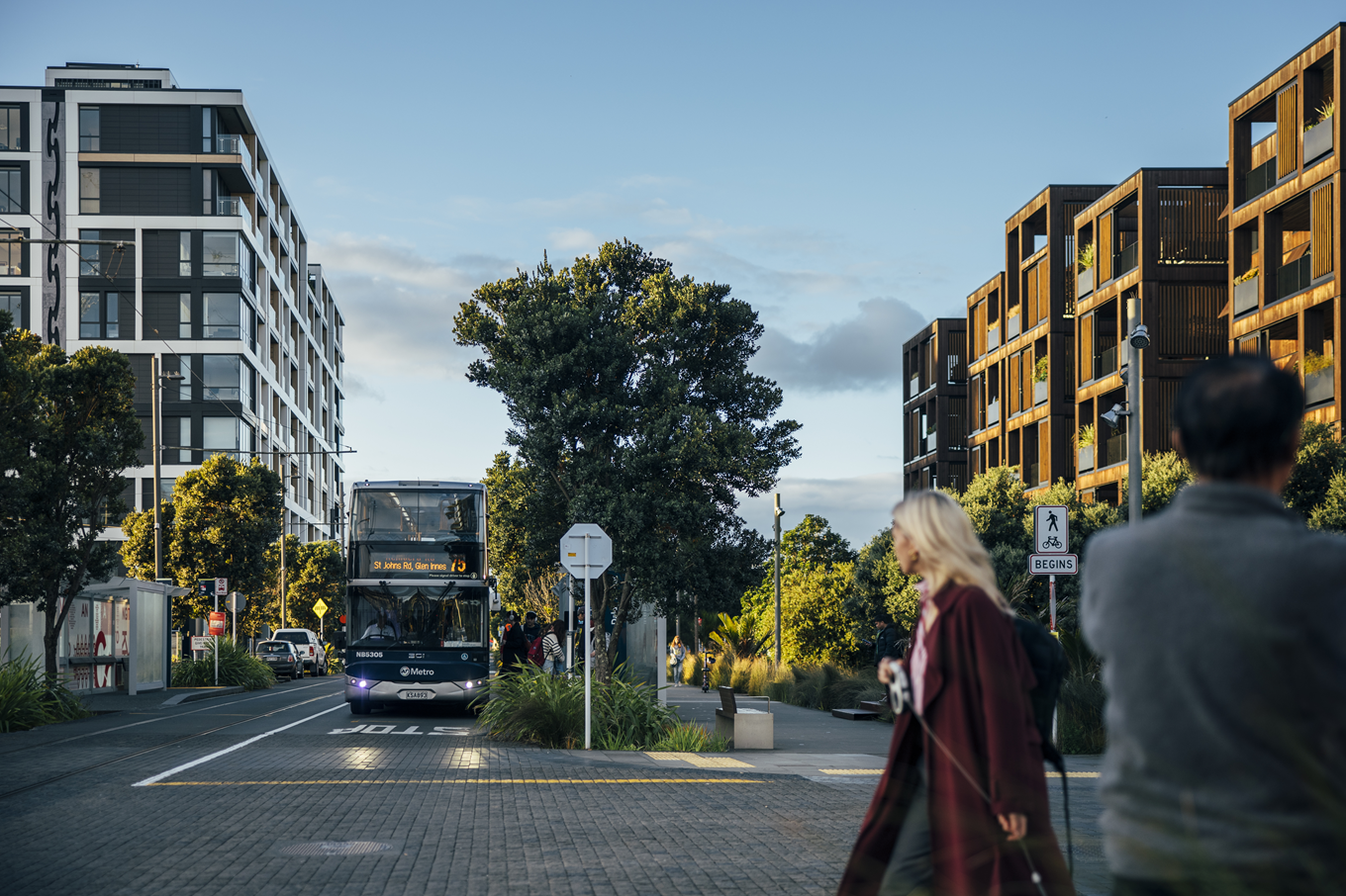 A bus in Wynyard Quarter. 