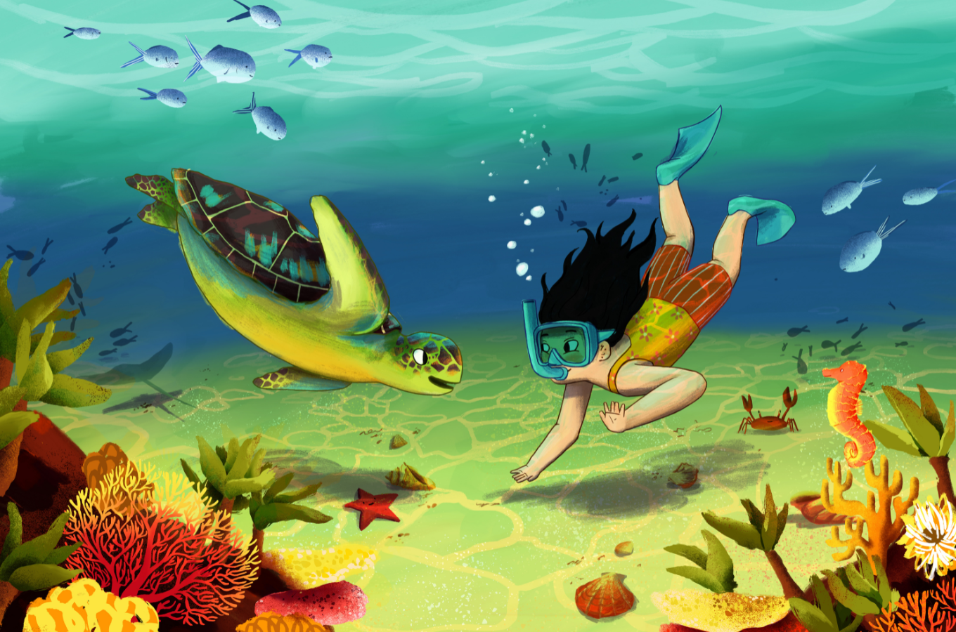 An illustration of a young girl swimming with a turtle in the ocean. 