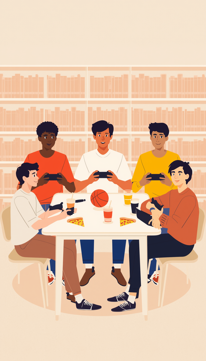 Simple, clean illustration of diverse teenage boys in library setting. Minimal composition with 4-5 boys, gaming controllers, one basketball, one soccer ball, pizza slices, and drinks on simple table. Clean librar_qjl4qw1f.jpg