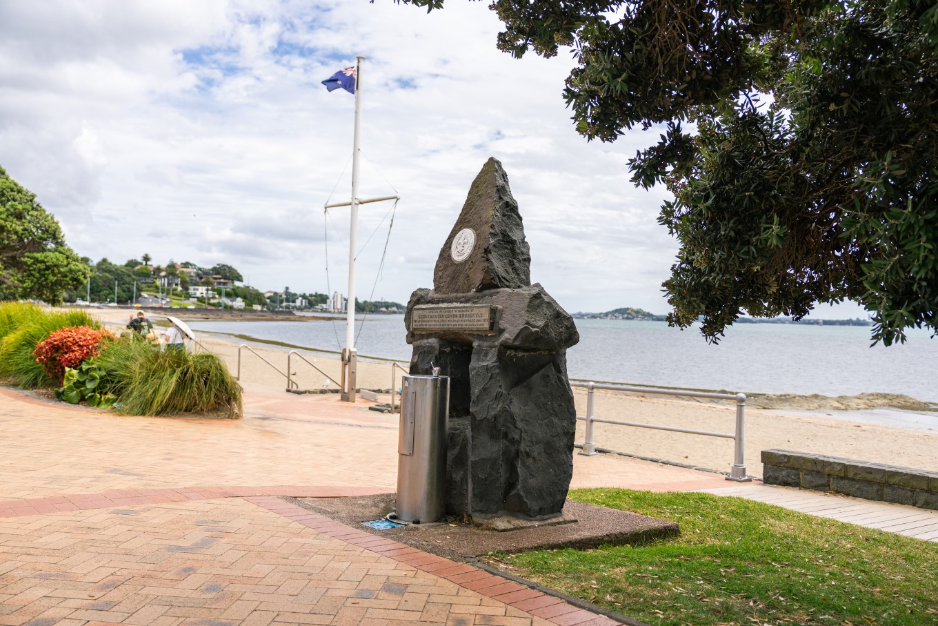 The memorial drinking fountain on St Heliers Beach waterfront commemorates scoutmaster Guyon Brookfield who lost his life in WWI.