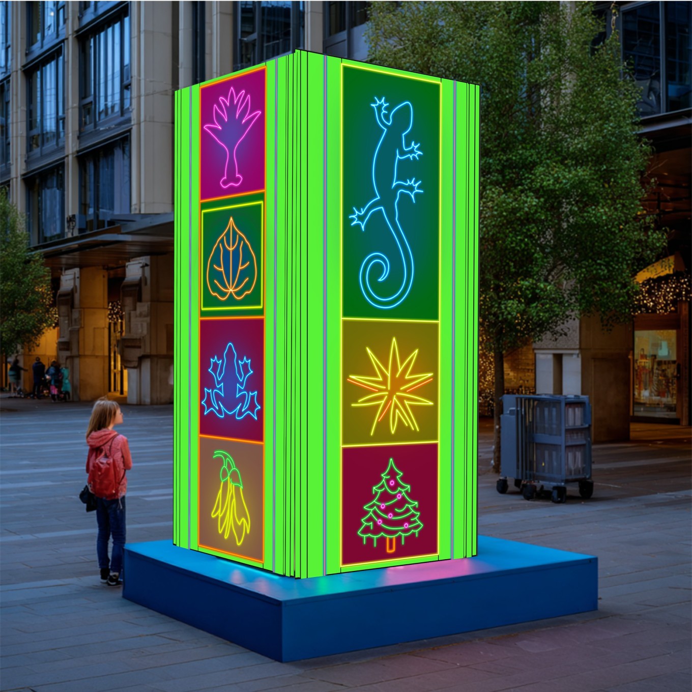 A green coloured neon pillar of forest symbols. 