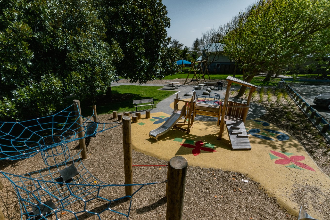 The new playground at Aorere Park features a slide tower, rope play space, swings, water play area and toddler play area.