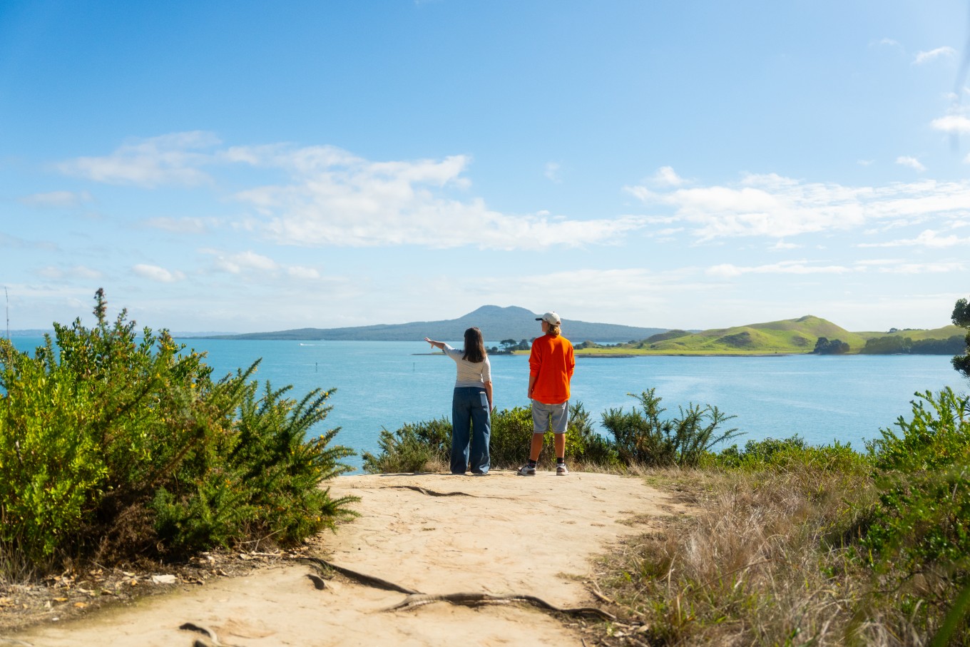 People overlooking a hillside point. 