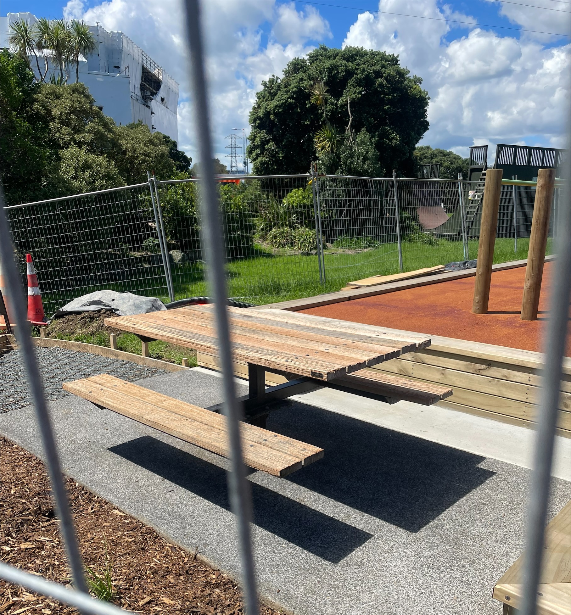 New picnic table next to outdoor fitness equipment at Onehunga Bay Reserve