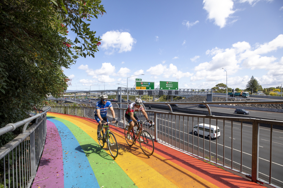 Two cyclists on the Waterview rainbow cycle path above the Northwestern Motorway