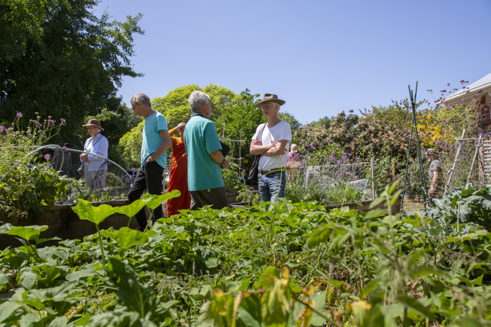 People gathering in the garden at Epsom Community Centre